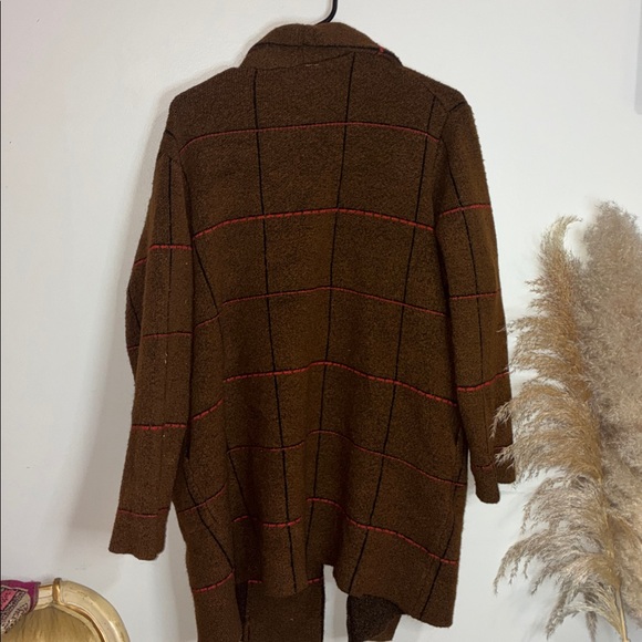 Time and Tru Brown Teddy Open-Front Cardigan with Red Windowpane - Picture 3 of 3